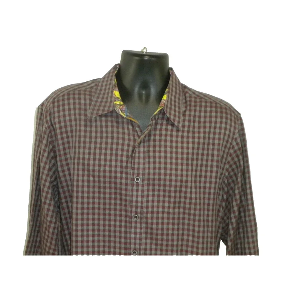 Robert Graham Shirt Mens XL Maroon Gray Check Button Up Contrast Flip Cuff Stain - Picture 3 of 16